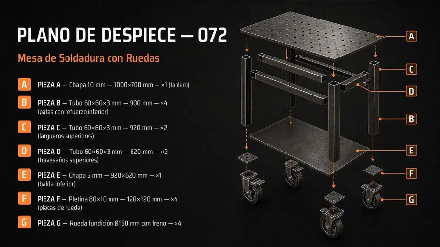 Mesa de soldadura con ruedas: Medidas y despiece